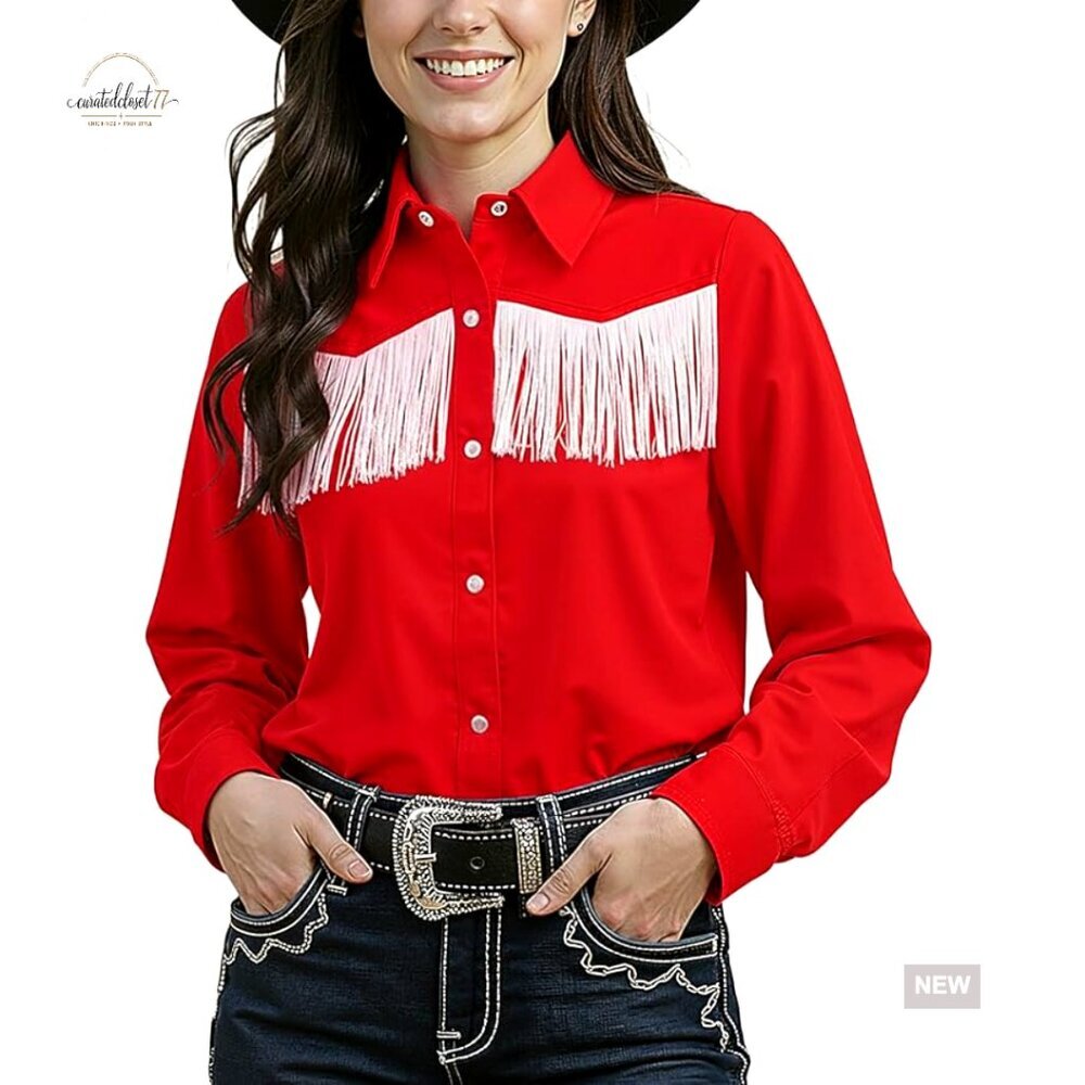 Western Fringe Pearl Snap Button Down Shirt Long Sleeve Cotton